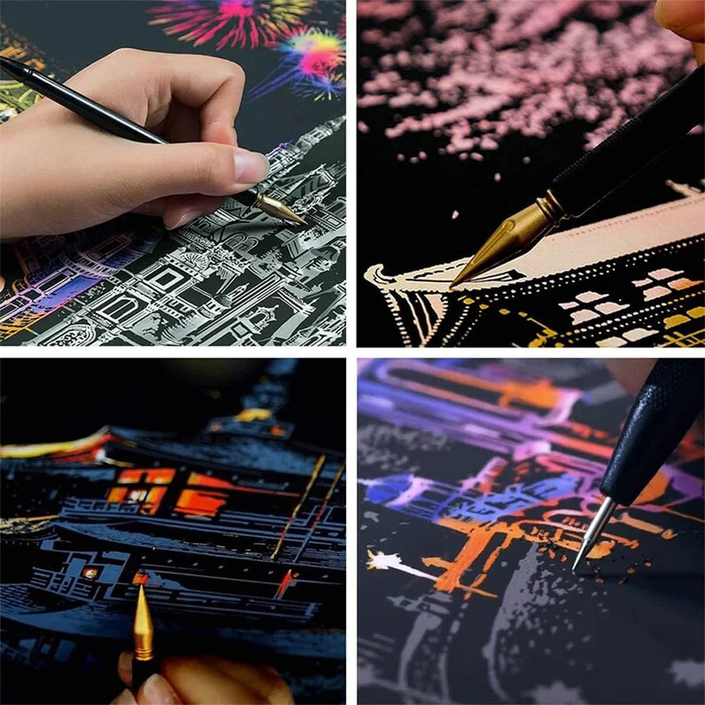 Scratch Art Kit – City Night View Scratch Painting with Tools for Kids & Adults